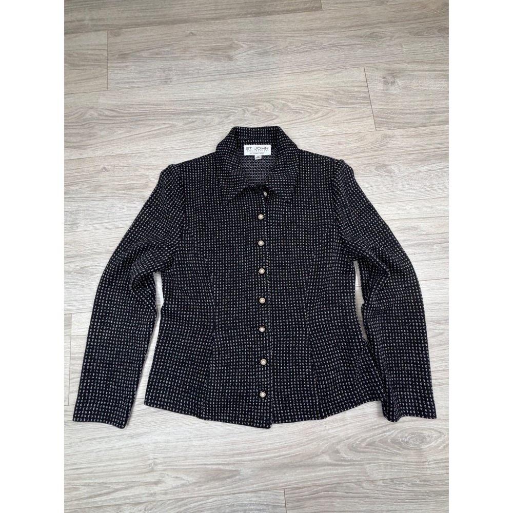 St John Collection Marie Gray Black White Knit Button Front Jacket Size 8 FA 03